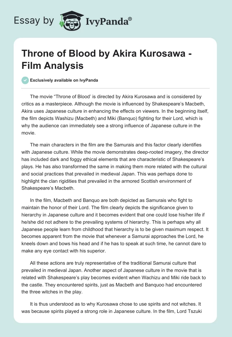 Throne of Blood by Akira Kurosawa - Film Analysis. Page 1
