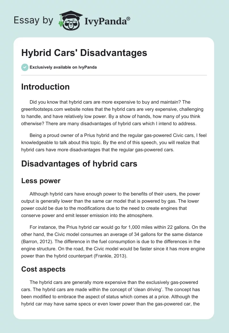 Hybrid Cars' Disadvantages. Page 1