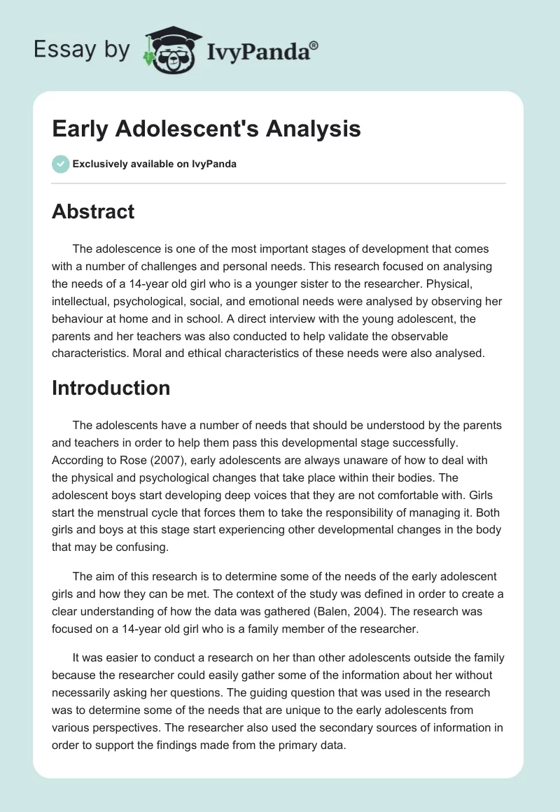 Early Adolescent's Analysis. Page 1