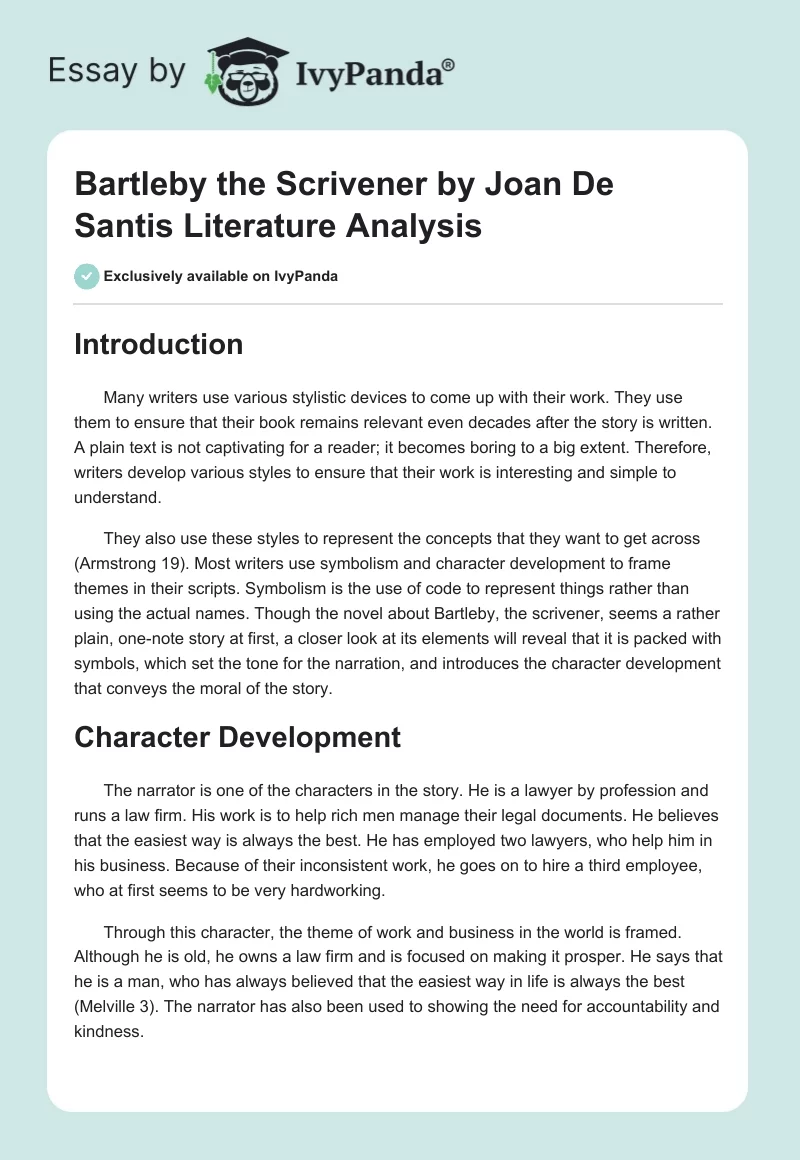 Bartleby the Scrivener by Joan De Santis Literature Analysis. Page 1