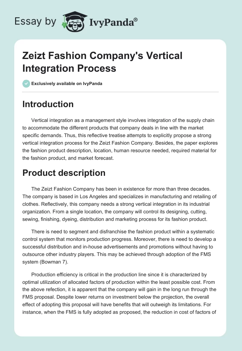 Zeizt Fashion Company's Vertical Integration Process. Page 1