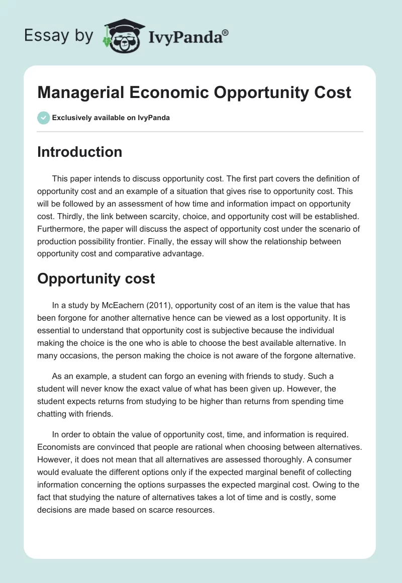 Managerial Economic Opportunity Cost. Page 1