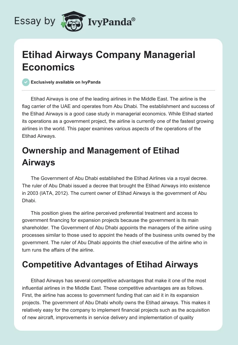 Etihad Airways Company Managerial Economics. Page 1