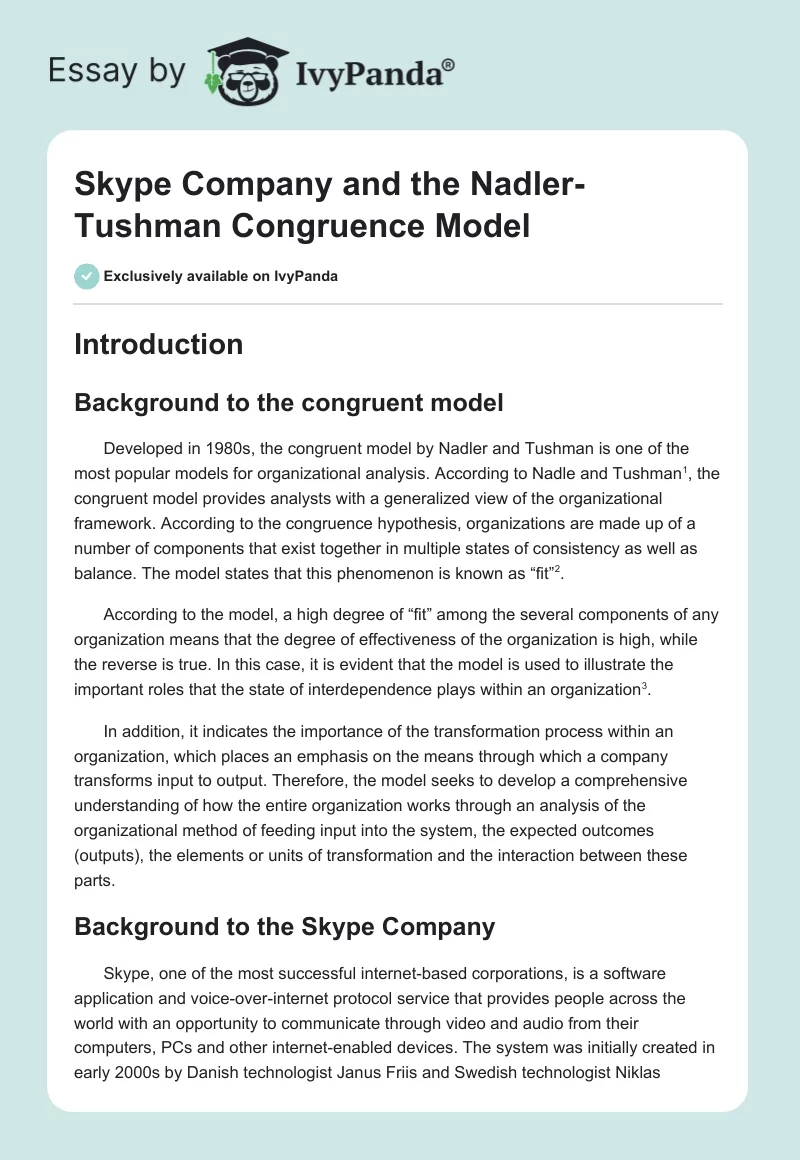 Skype Company and the Nadler-Tushman Congruence Model. Page 1