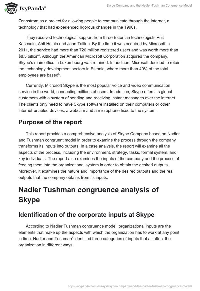 Skype Company and the Nadler-Tushman Congruence Model. Page 2