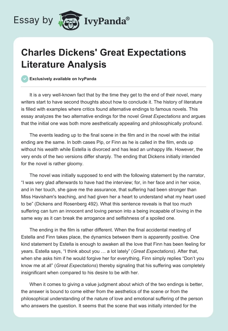 Charles Dickens' Great Expectations Literature Analysis. Page 1