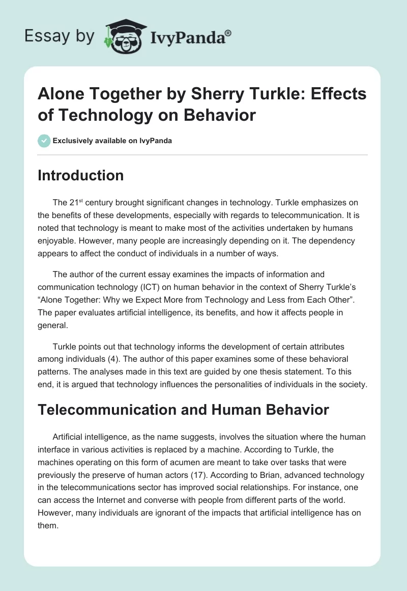 Alone Together by Sherry Turkle: Effects of Technology on Behavior. Page 1