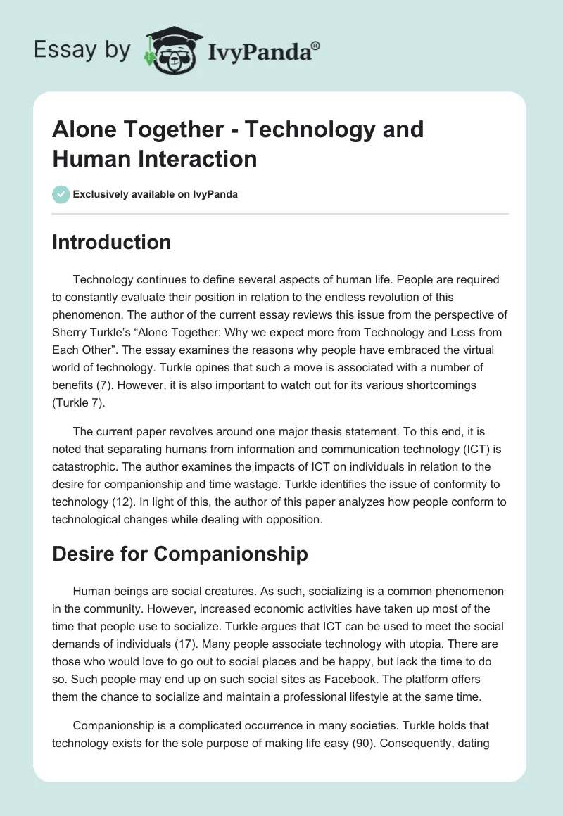 "Alone Together" - Technology and Human Interaction. Page 1