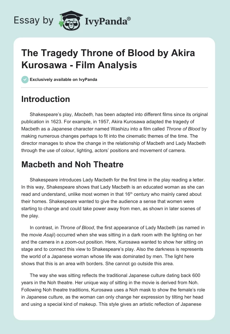 The Tragedy "Throne of Blood" by Akira Kurosawa - Film Analysis. Page 1