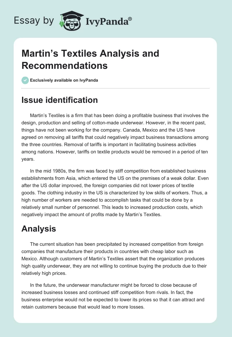 Martin’s Textiles Analysis and Recommendations. Page 1