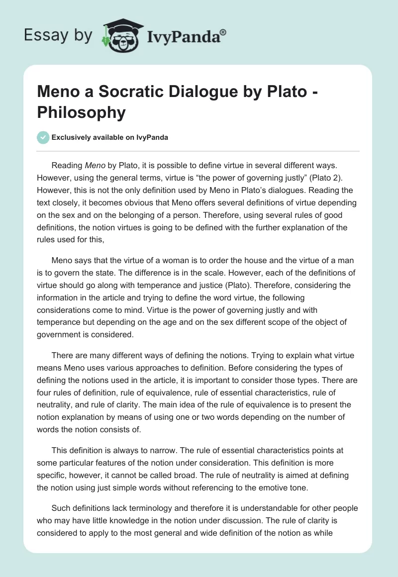 "Meno" a Socratic Dialogue by Plato - Philosophy. Page 1