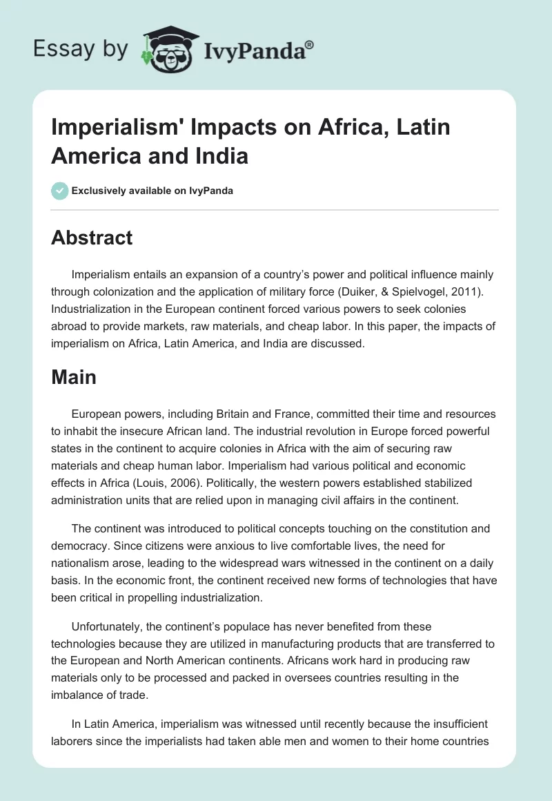 Imperialism' Impacts on Africa, Latin America and India. Page 1