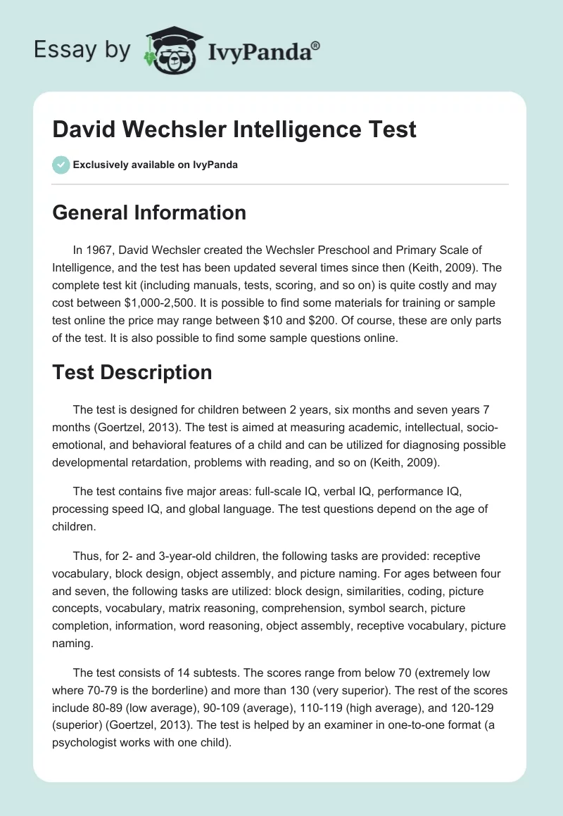David Wechsler Intelligence Test. Page 1