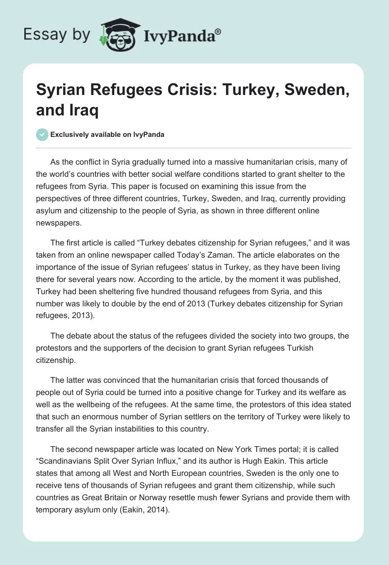 Syrian Refugees Crisis: Turkey, Sweden, and Iraq. Page 1