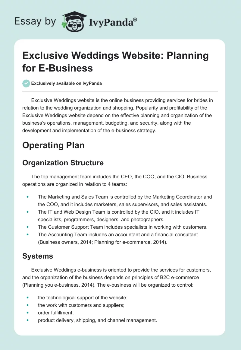Exclusive Weddings Website: Planning for E-Business. Page 1