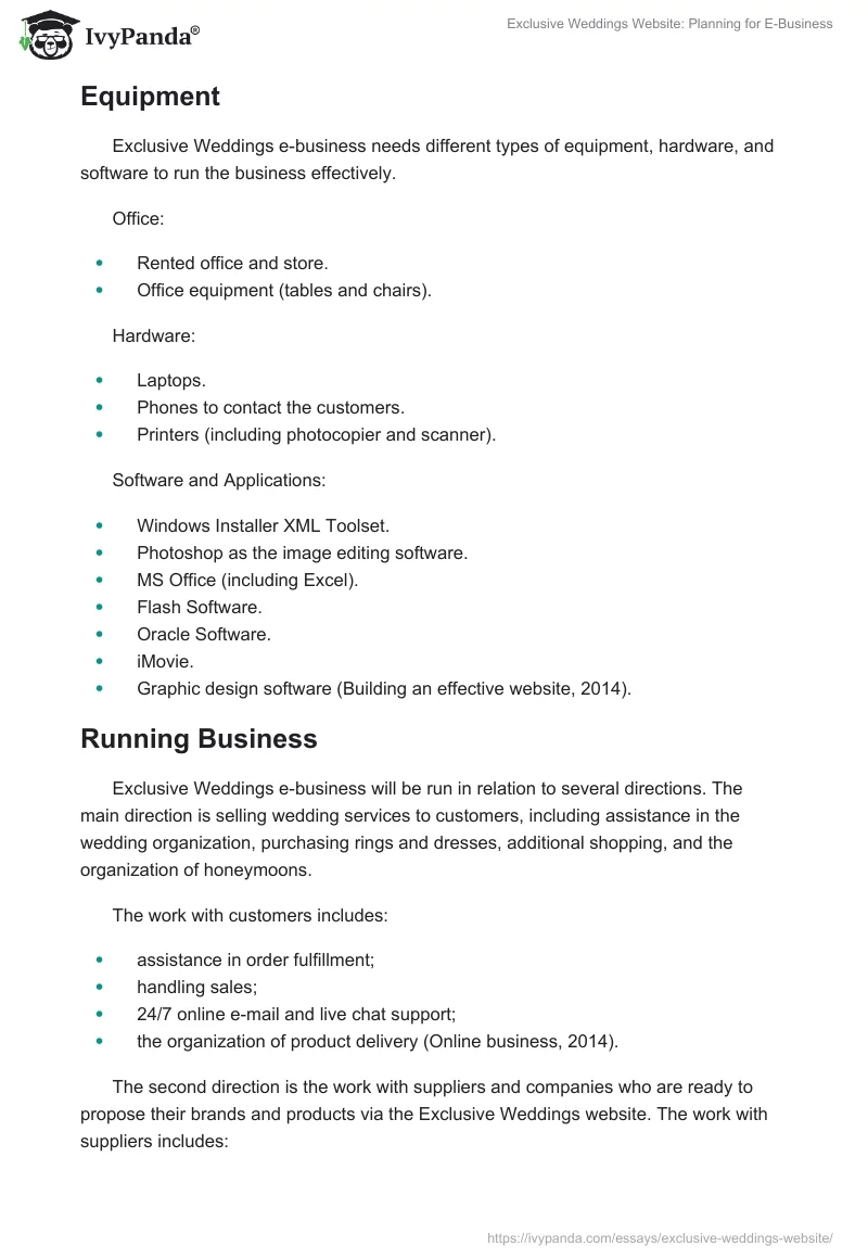 Exclusive Weddings Website: Planning for E-Business. Page 2