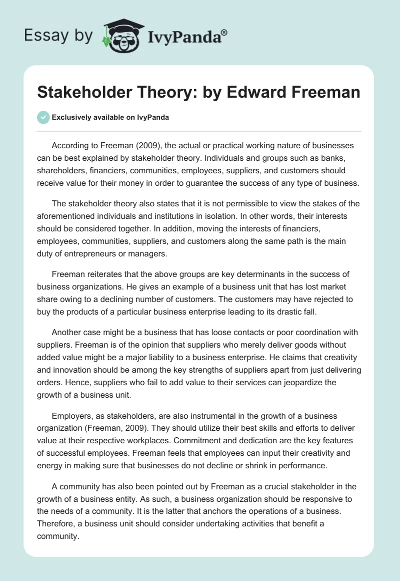 "Stakeholder Theory:" by Edward Freeman. Page 1