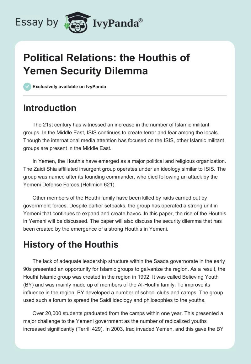 Political Relations: the Houthis of Yemen Security Dilemma. Page 1