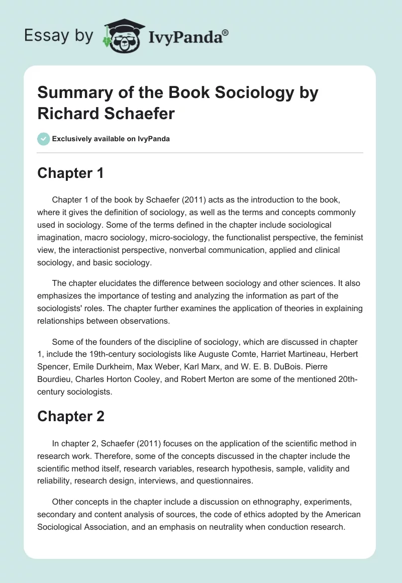 Summary of the Book "Sociology" by Richard Schaefer. Page 1