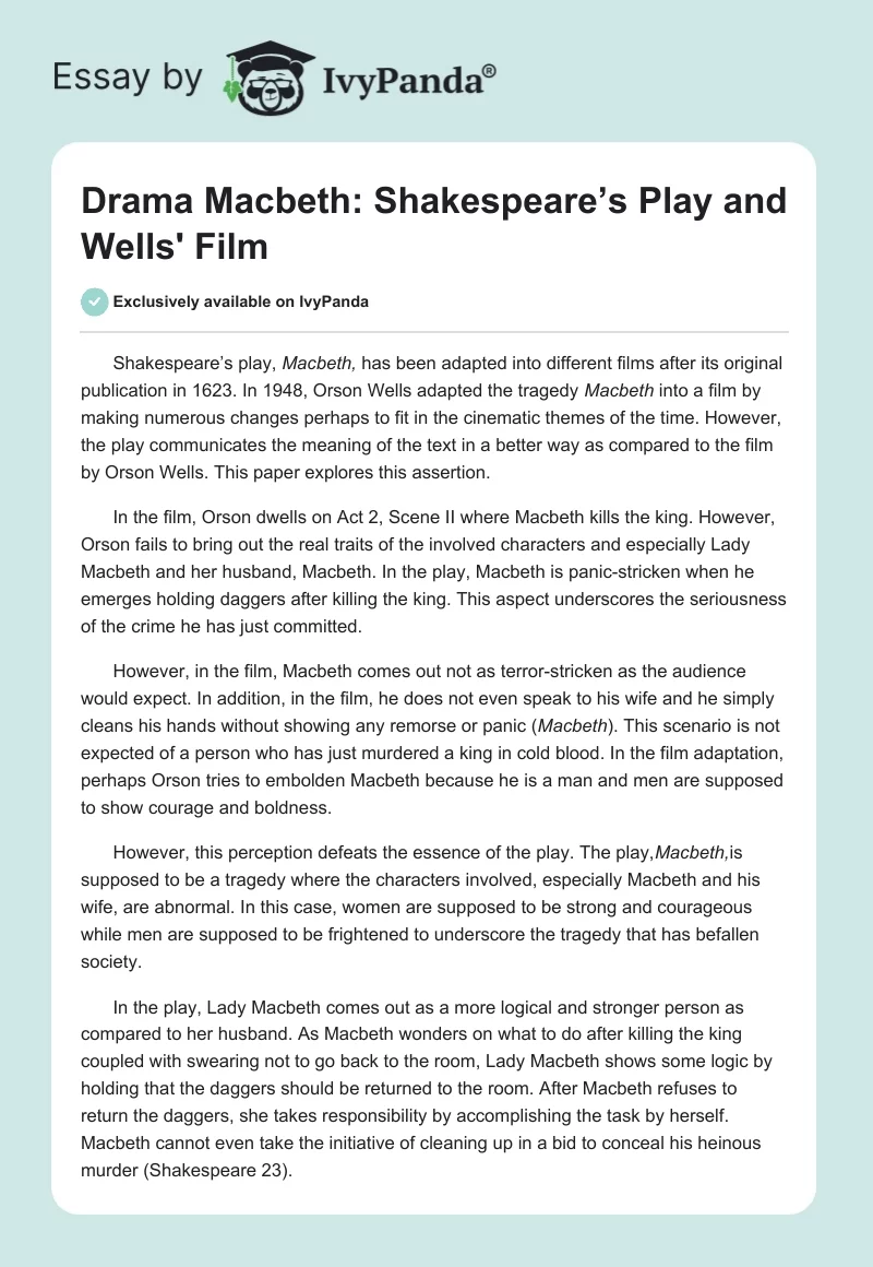 Drama Macbeth: Shakespeare’s Play and Wells' Film. Page 1