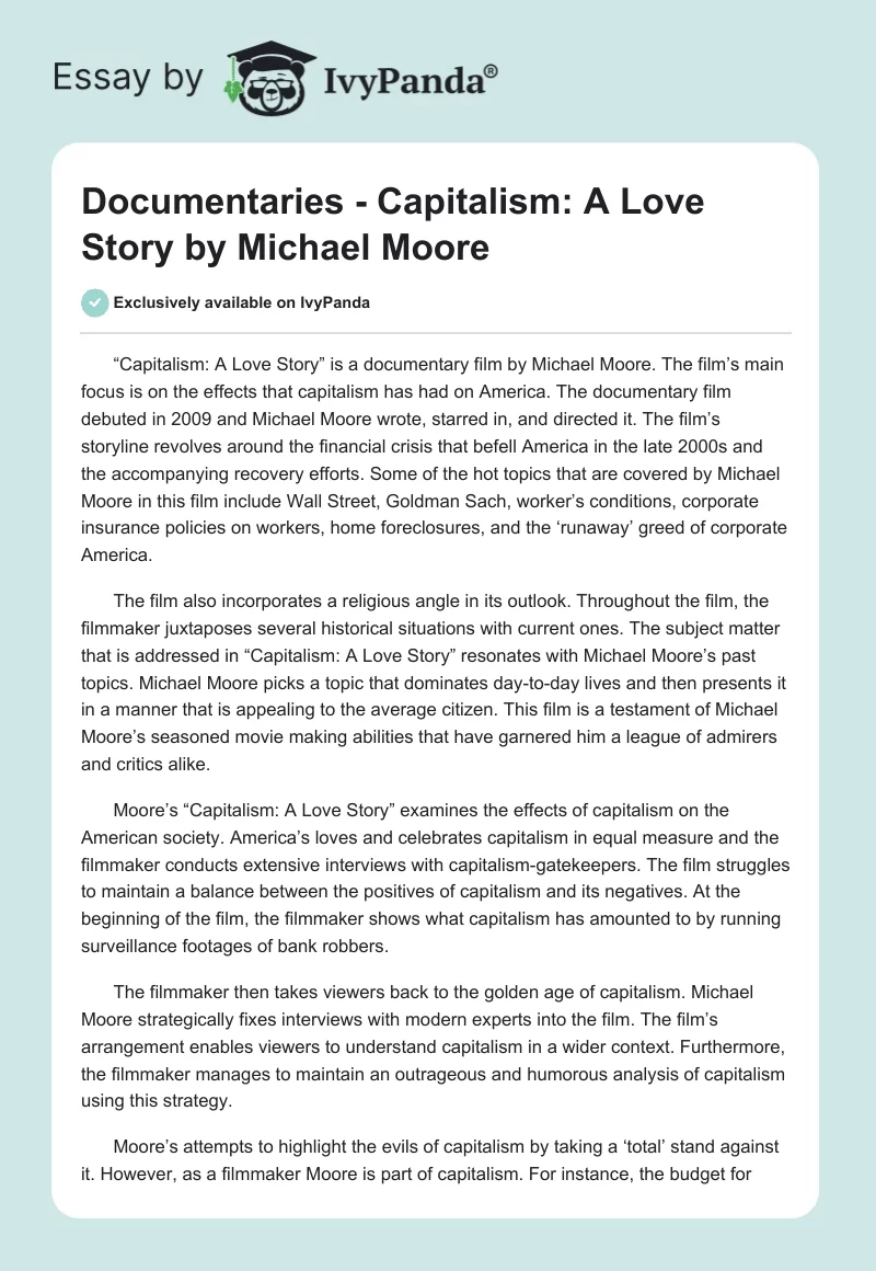 Documentaries - Capitalism: A Love Story by Michael Moore. Page 1