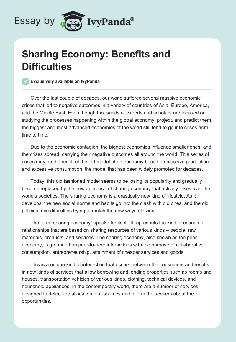 Sharing Economy: Benefits and Difficulties. Page 1