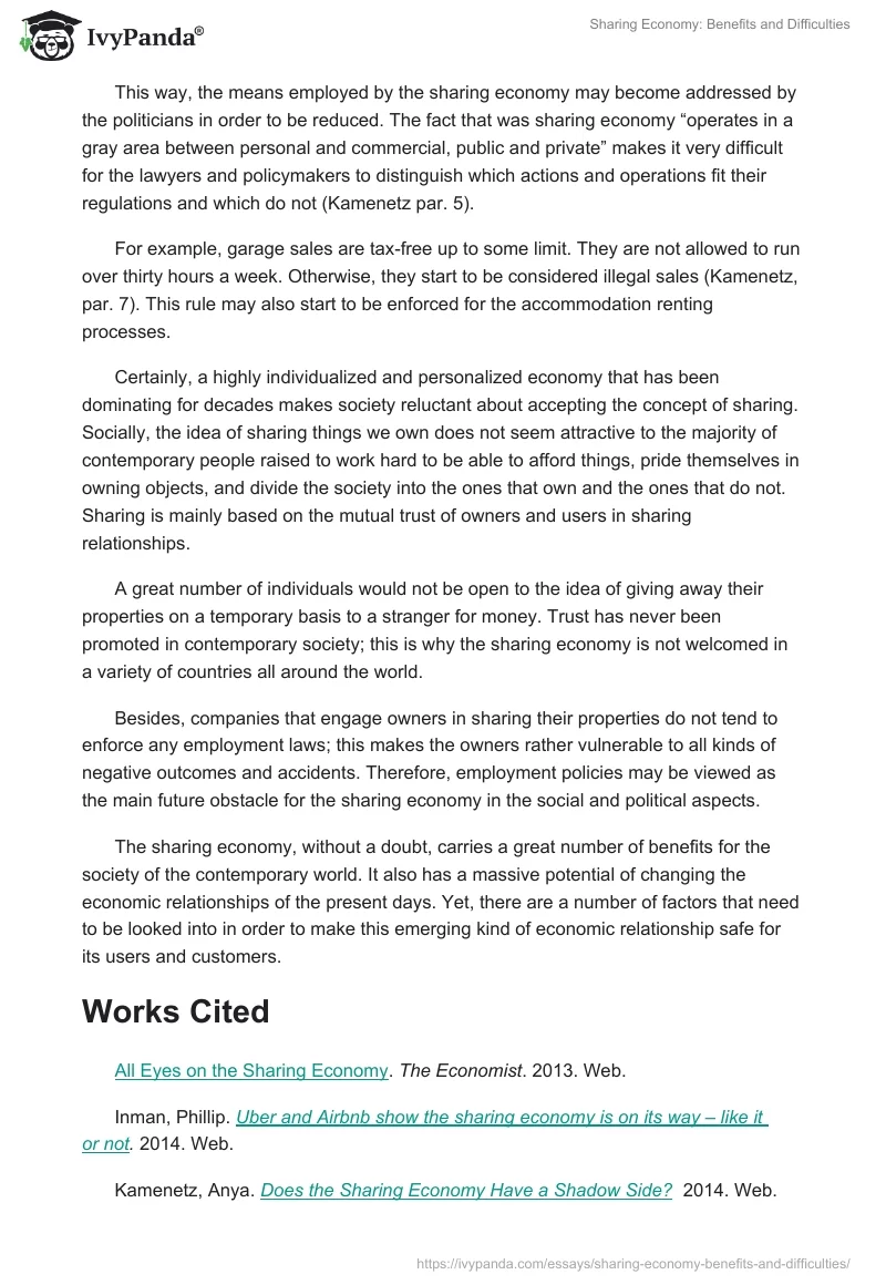 Sharing Economy: Benefits and Difficulties. Page 3