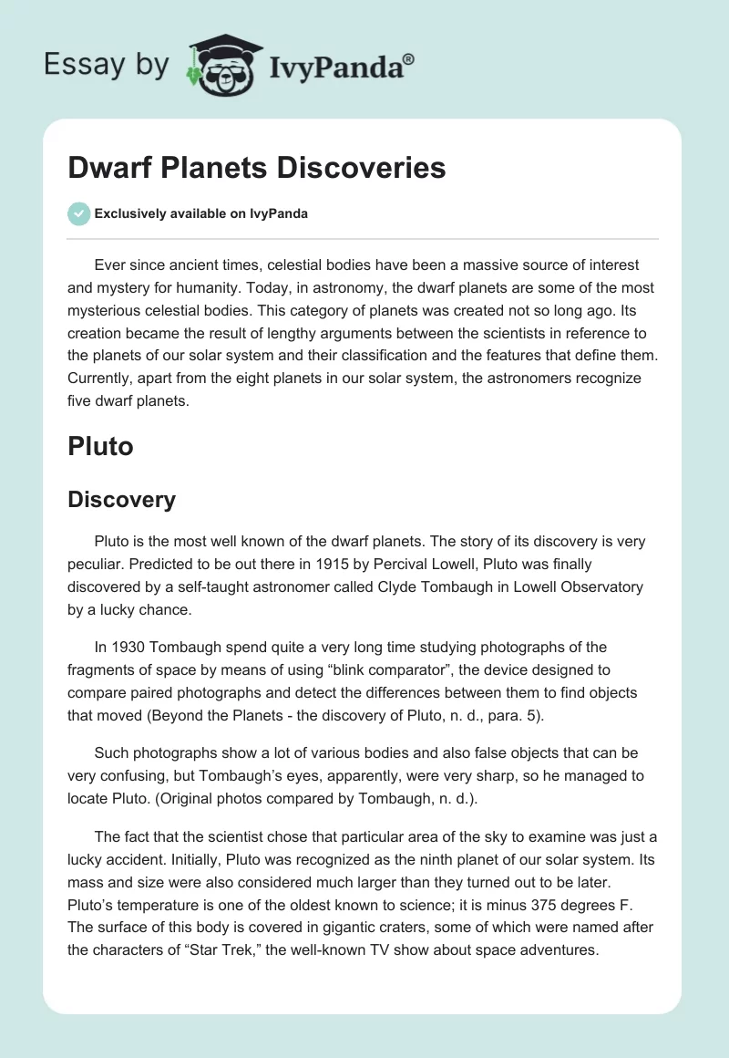 Dwarf Planets Discoveries. Page 1
