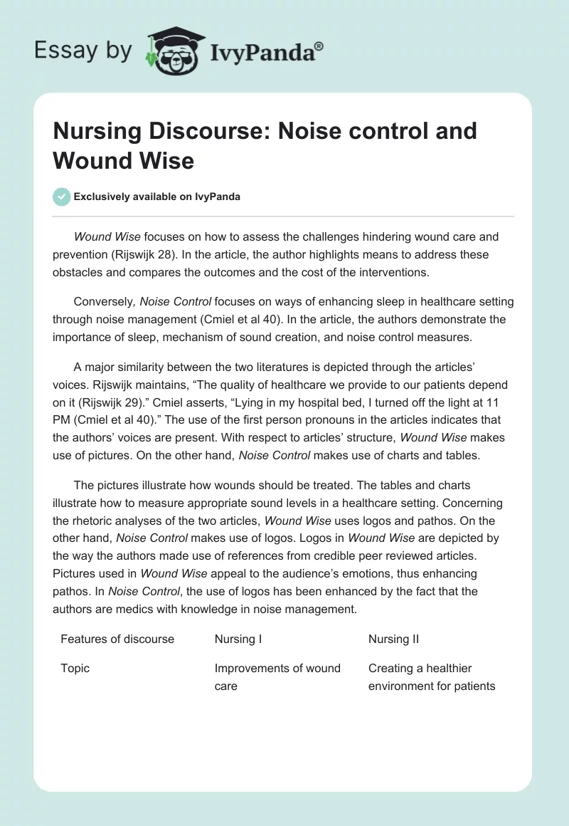 Nursing Discourse: "Noise control" and "Wound Wise". Page 1