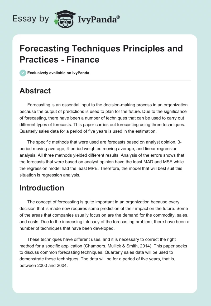 Forecasting Techniques Principles and Practices - Finance. Page 1