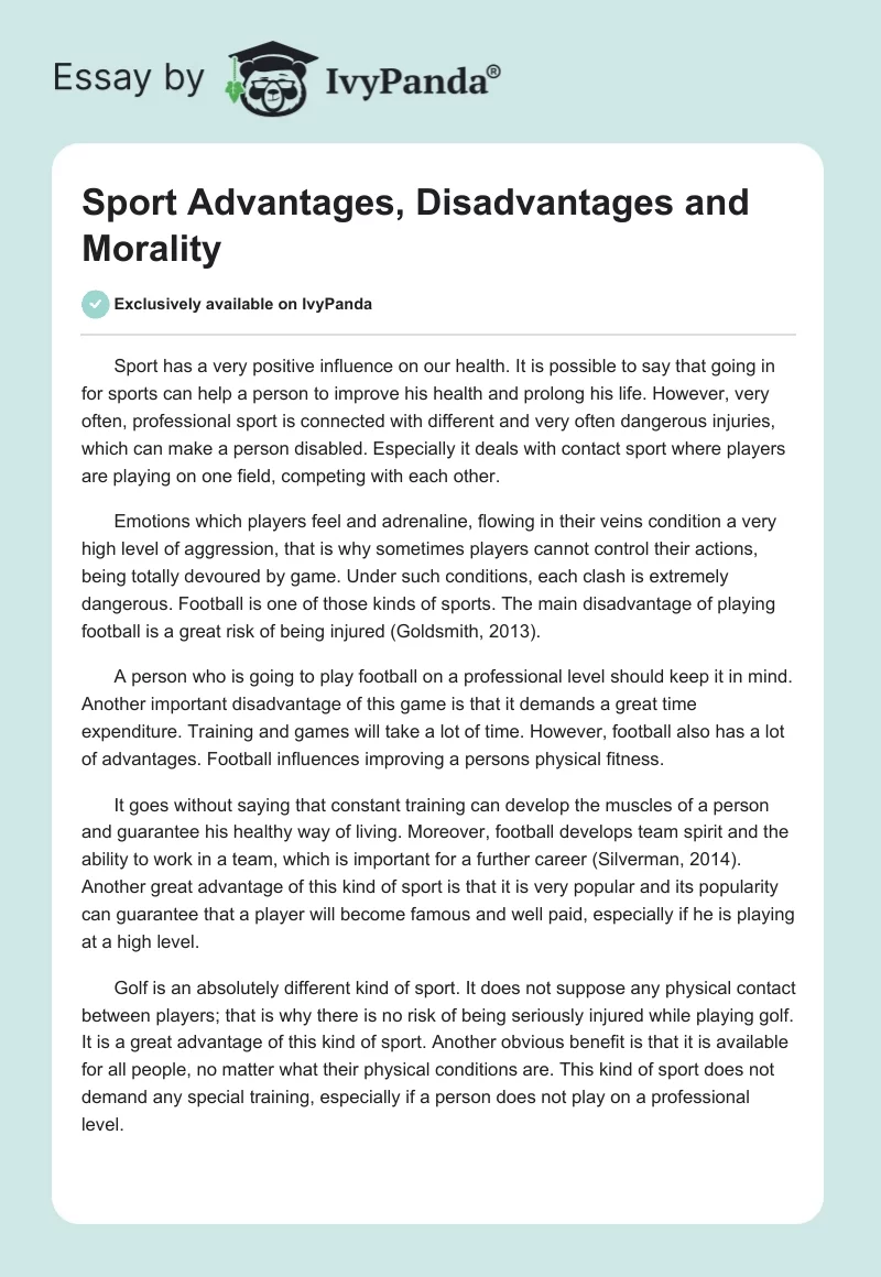 Sport Advantages, Disadvantages and Morality. Page 1