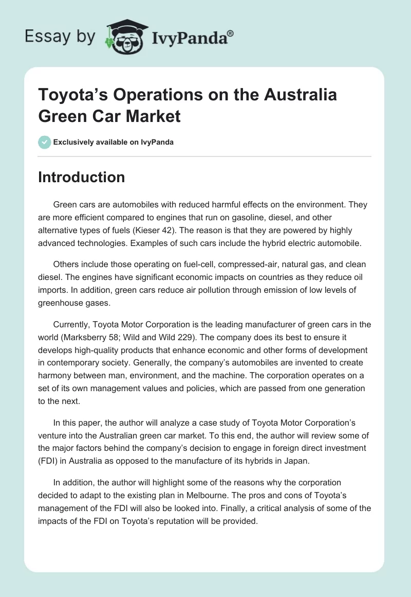 Toyota’s Operations on the Australia Green Car Market. Page 1