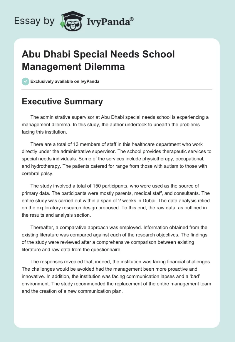 Abu Dhabi Special Needs School Management Dilemma. Page 1