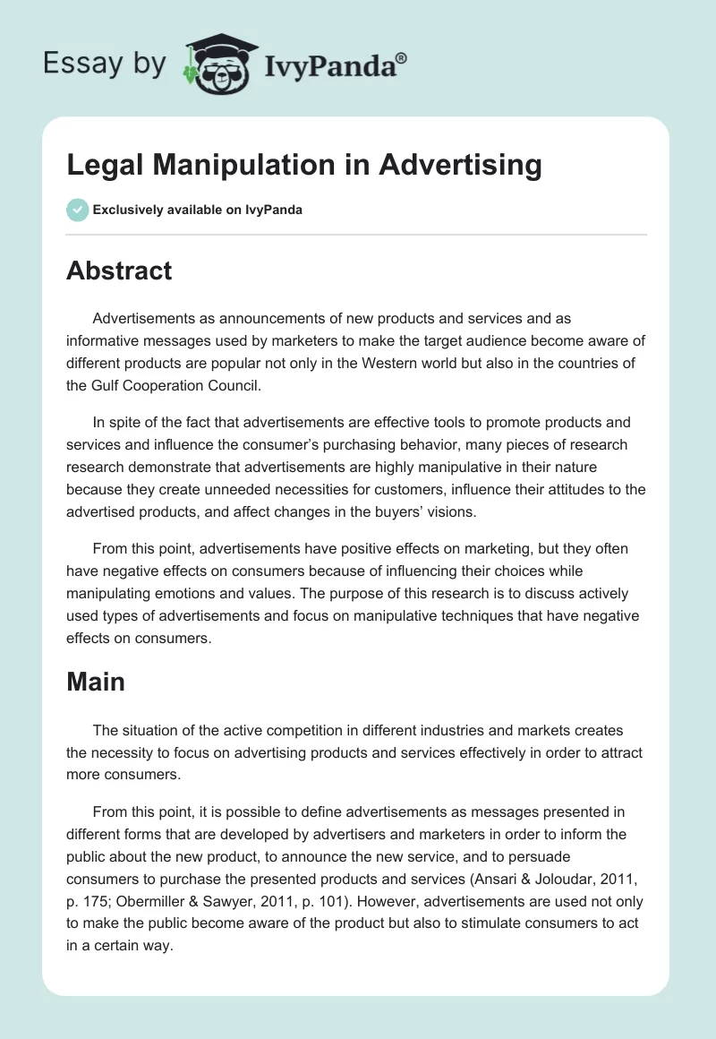 Legal Manipulation in Advertising. Page 1