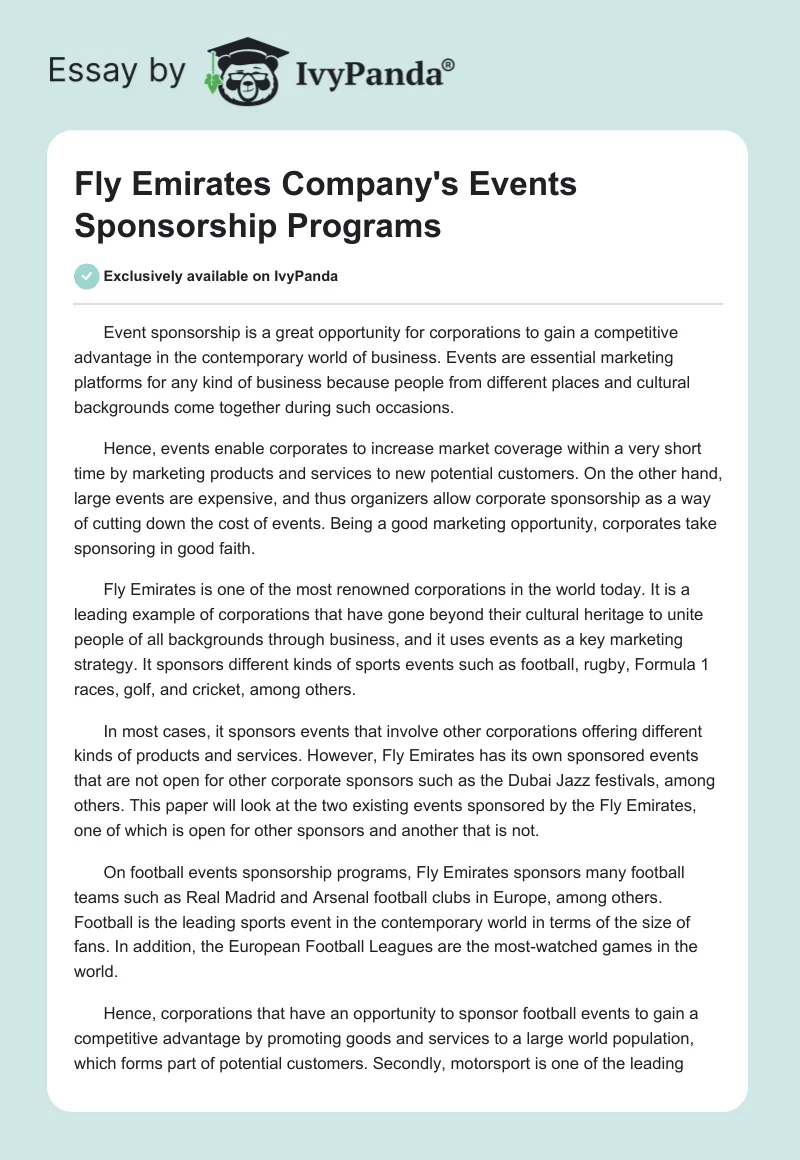 Fly Emirates Company's Events Sponsorship Programs. Page 1