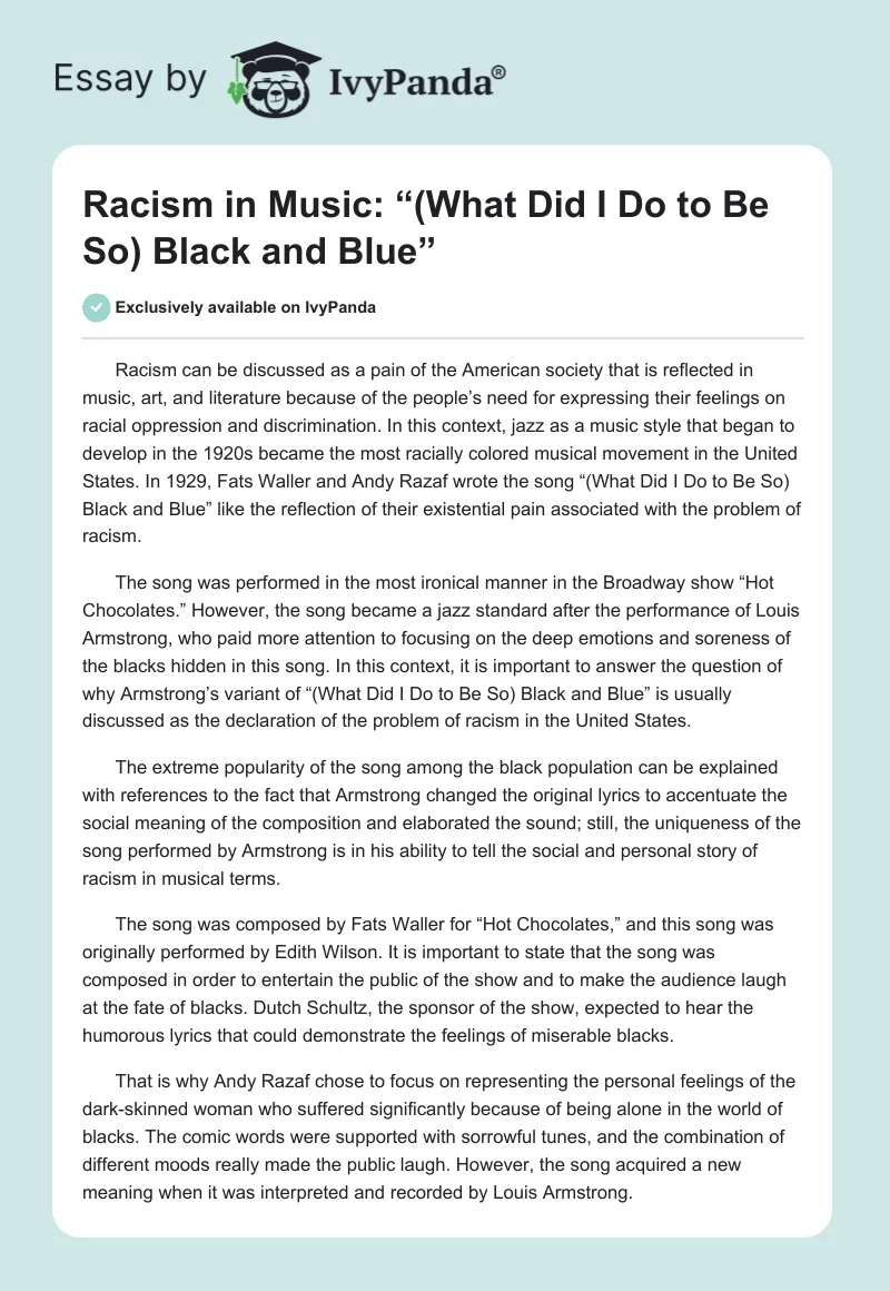 Racism in Music: “(What Did I Do to Be So) Black and Blue”. Page 1