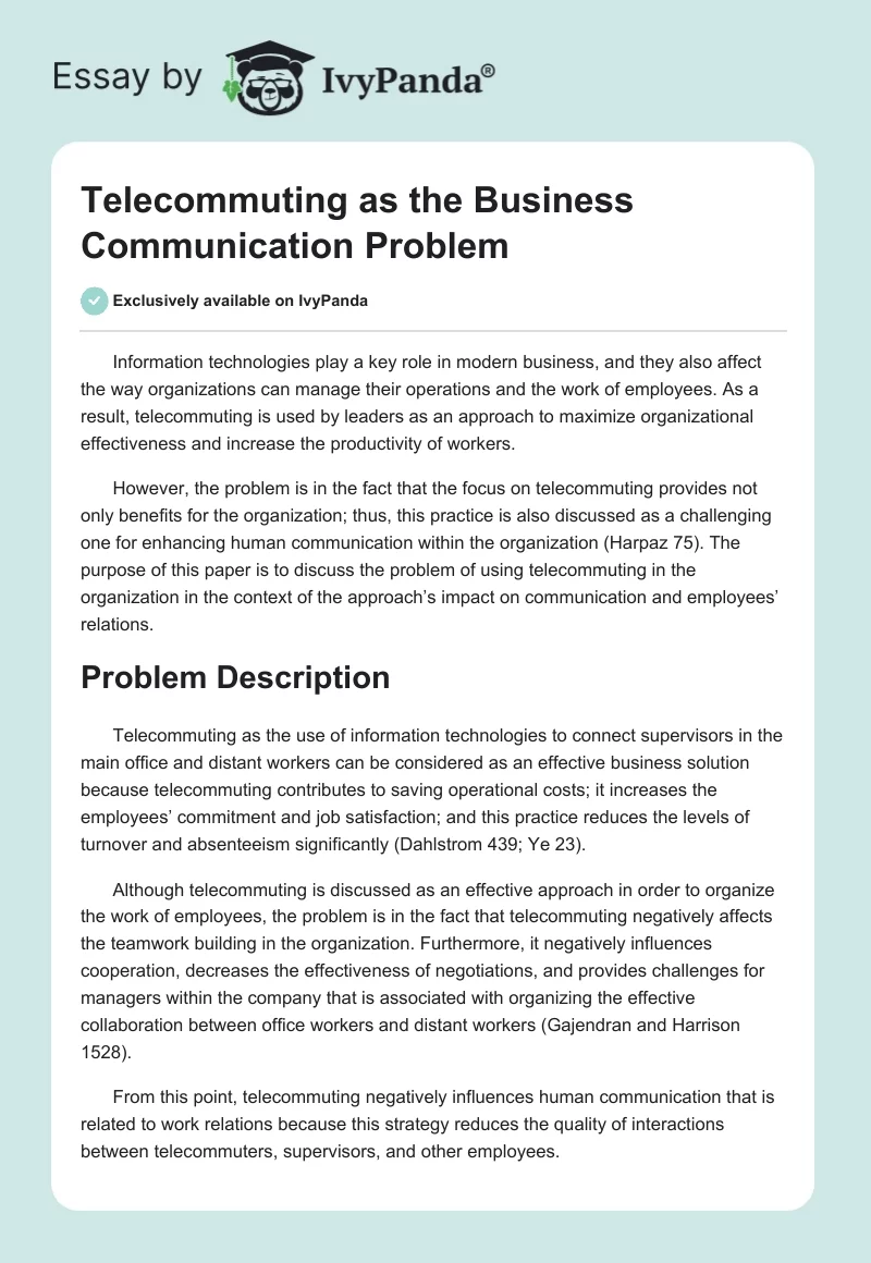 Telecommuting as the Business Communication Problem. Page 1