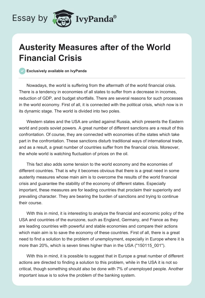 Austerity Measures after of the World Financial Crisis. Page 1