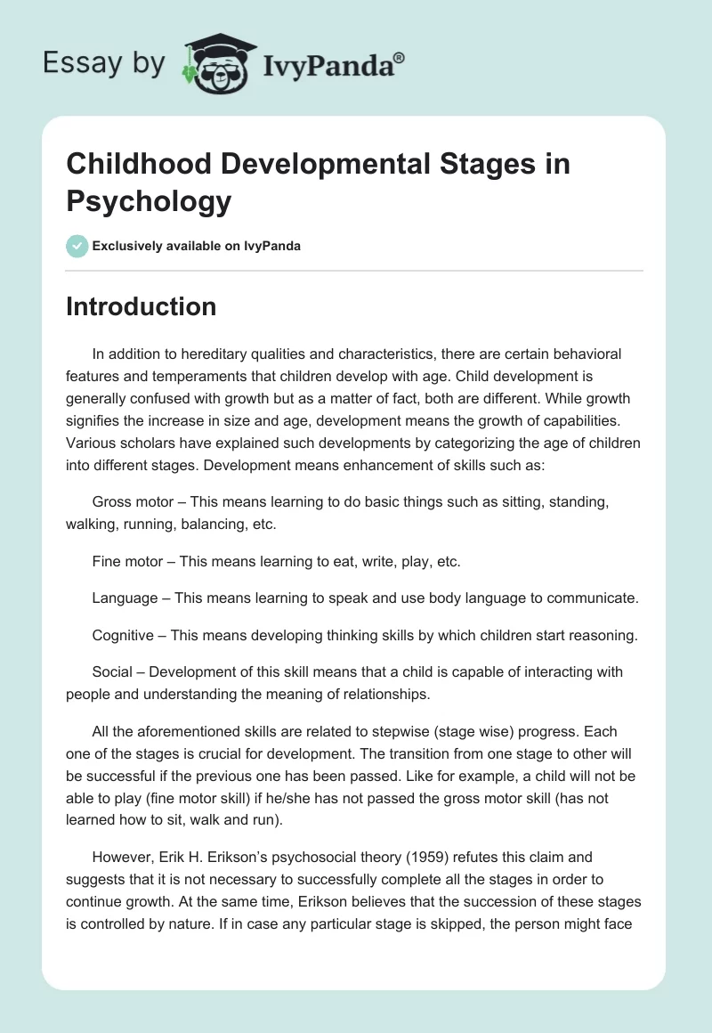 Childhood Developmental Stages in Psychology. Page 1