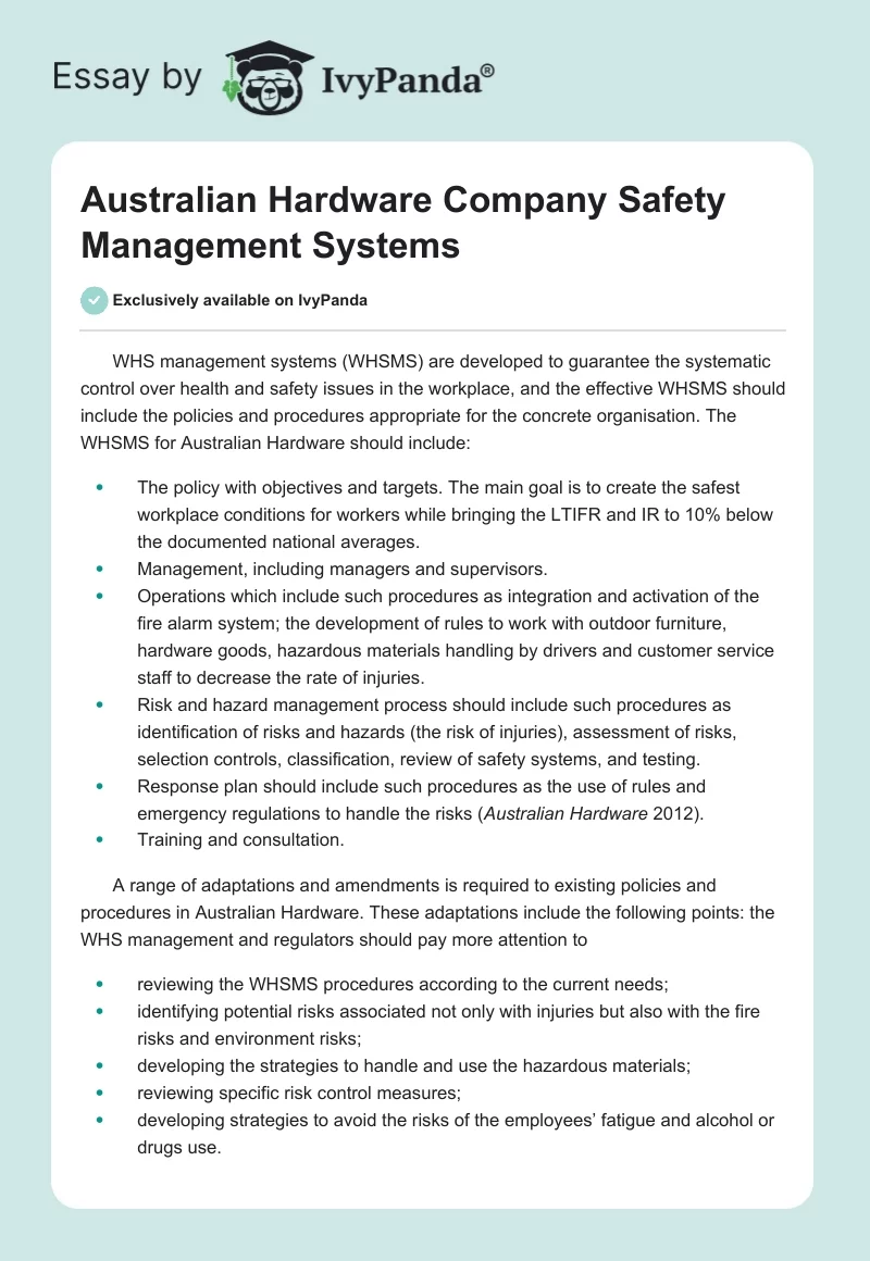 Australian Hardware Company Safety Management Systems. Page 1