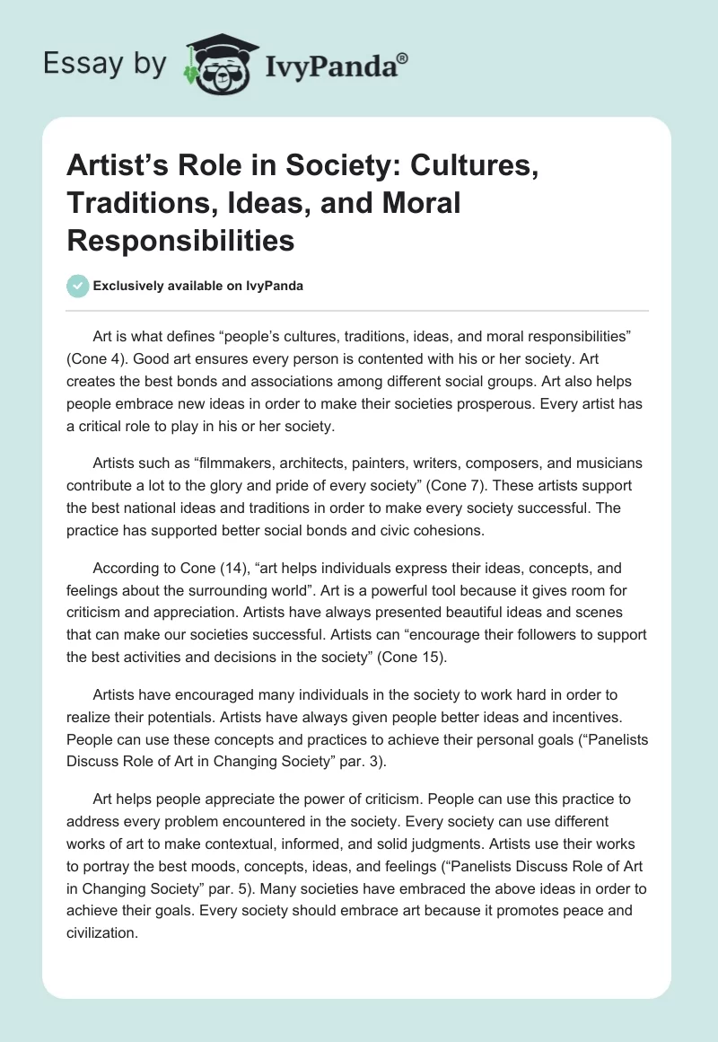 Artist’s Role in Society: Cultures, Traditions, Ideas, and Moral Responsibilities. Page 1