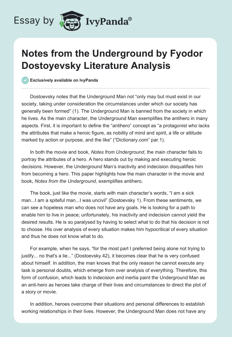 Notes from the Underground by Fyodor Dostoyevsky Literature Analysis. Page 1
