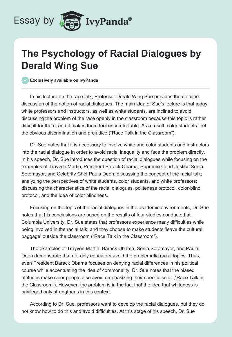 The Psychology of Racial Dialogues by Derald Wing Sue. Page 1