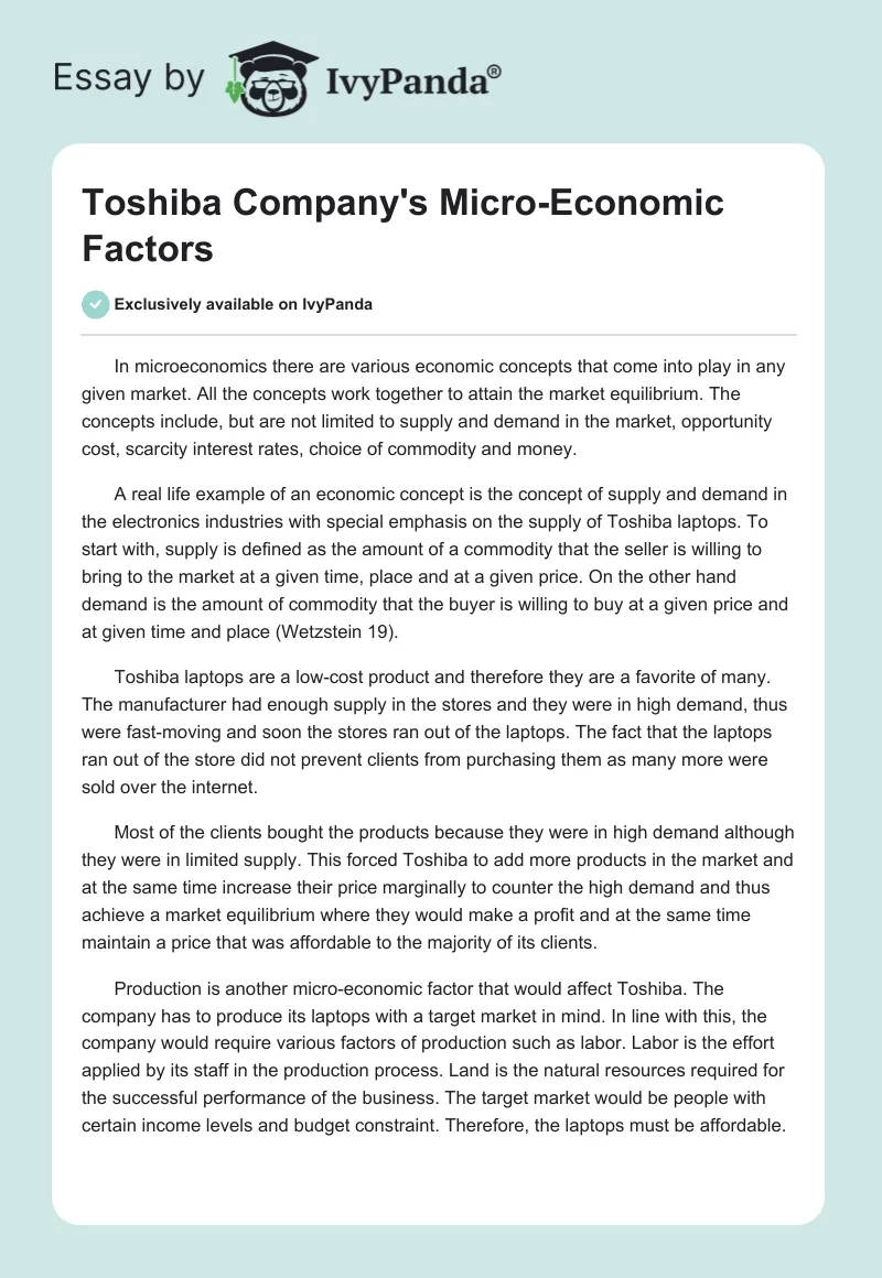 Toshiba Company's Micro-Economic Factors. Page 1