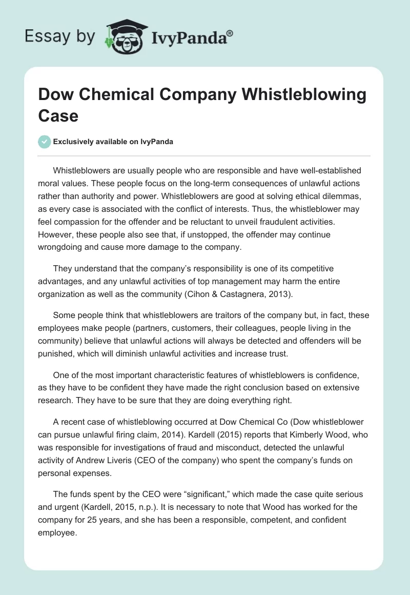 Dow Chemical Company Whistleblowing Case. Page 1