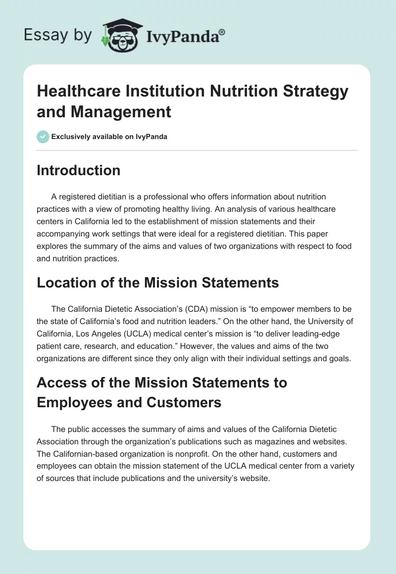 Healthcare Institution Nutrition Strategy and Management. Page 1