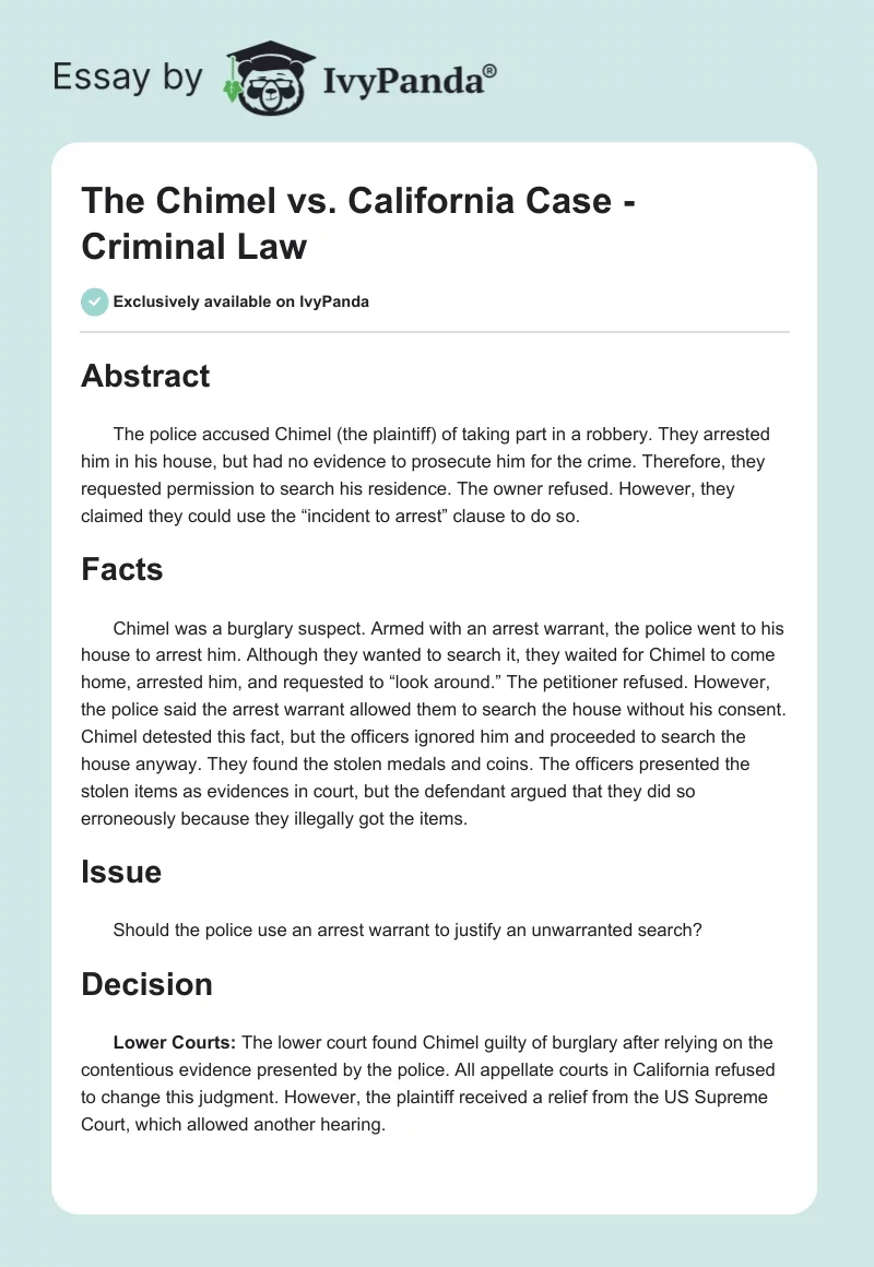 The Chimel vs. California Case - Criminal Law. Page 1