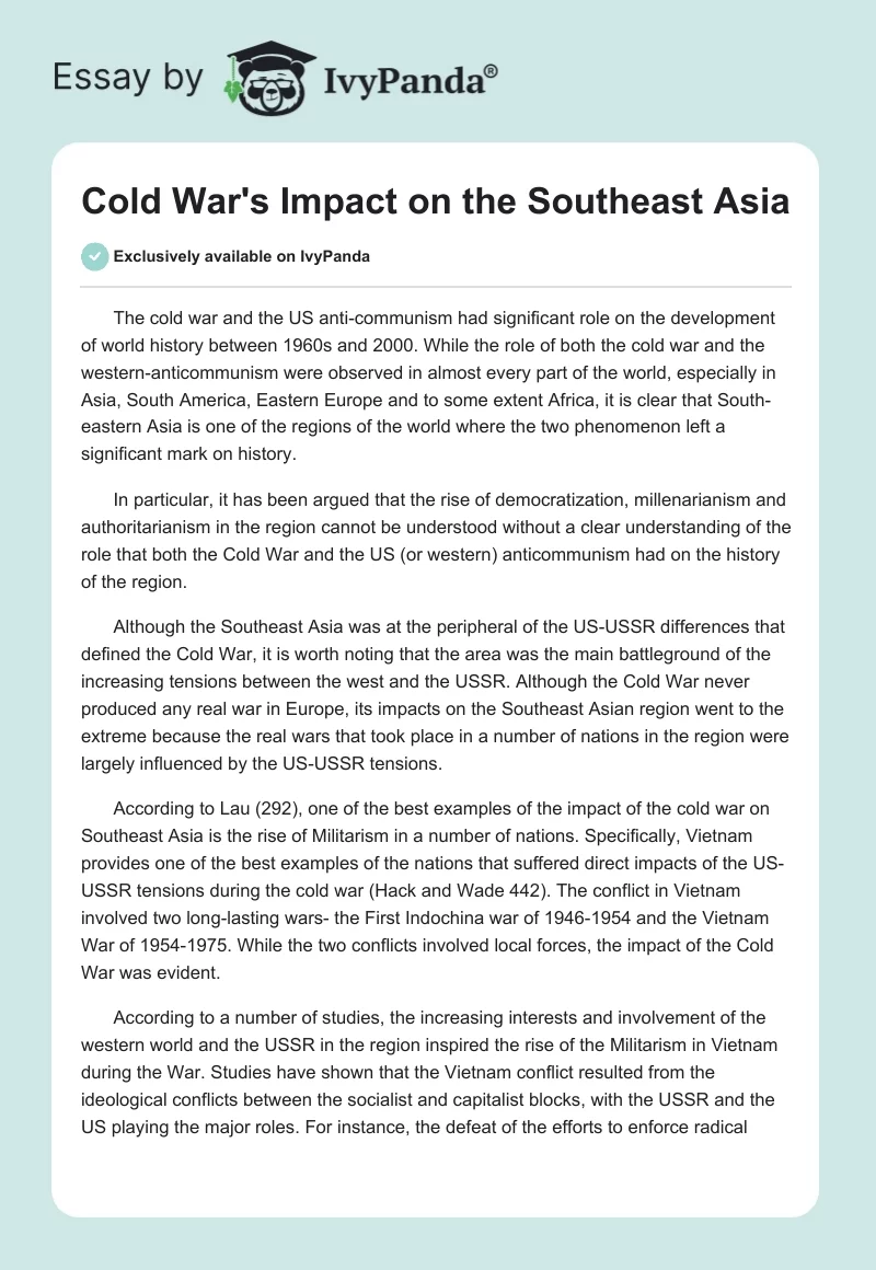 Cold War's Impact on the Southeast Asia. Page 1