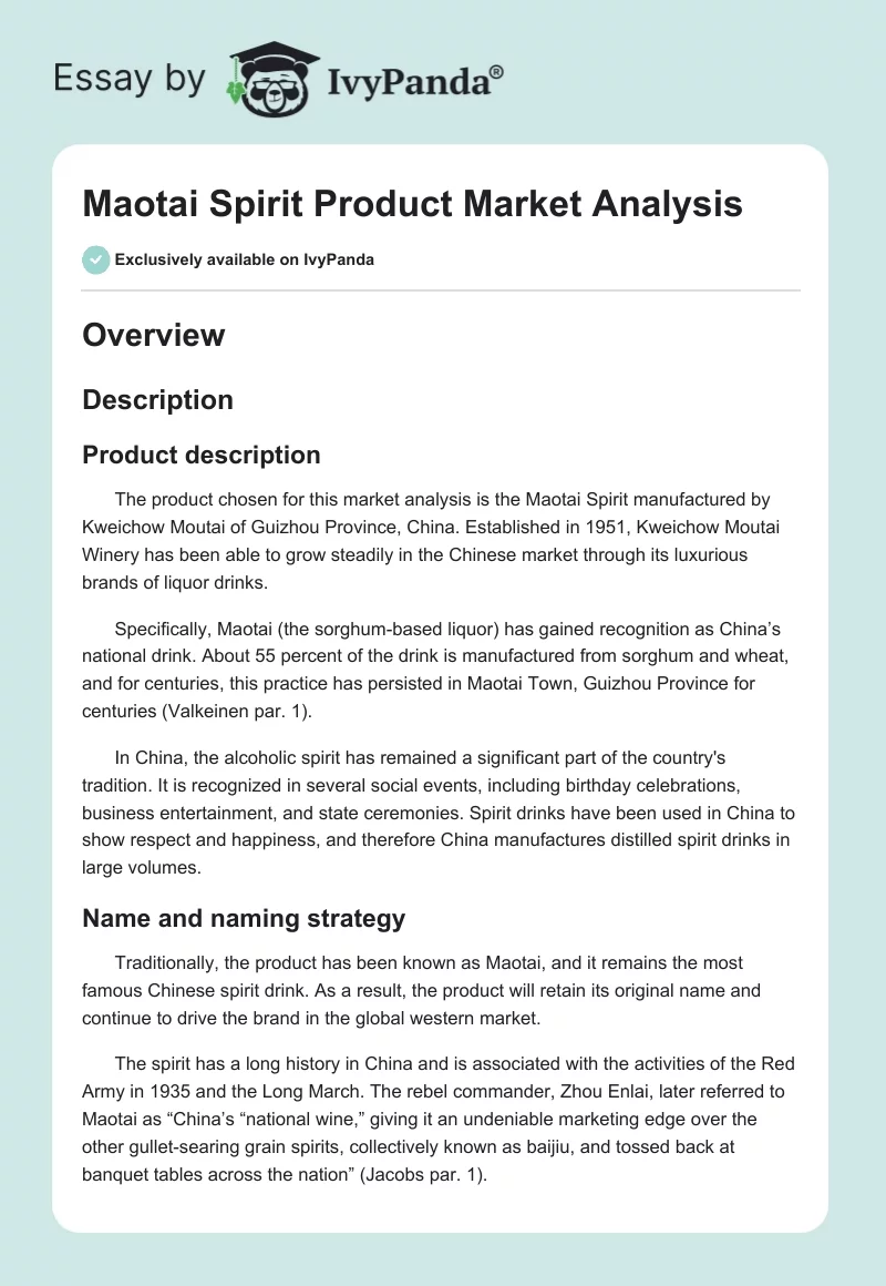 Maotai Spirit Product Market Analysis. Page 1