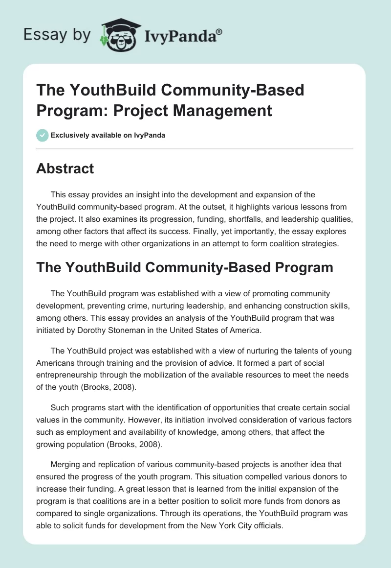 The YouthBuild Community-Based Program: Project Management. Page 1